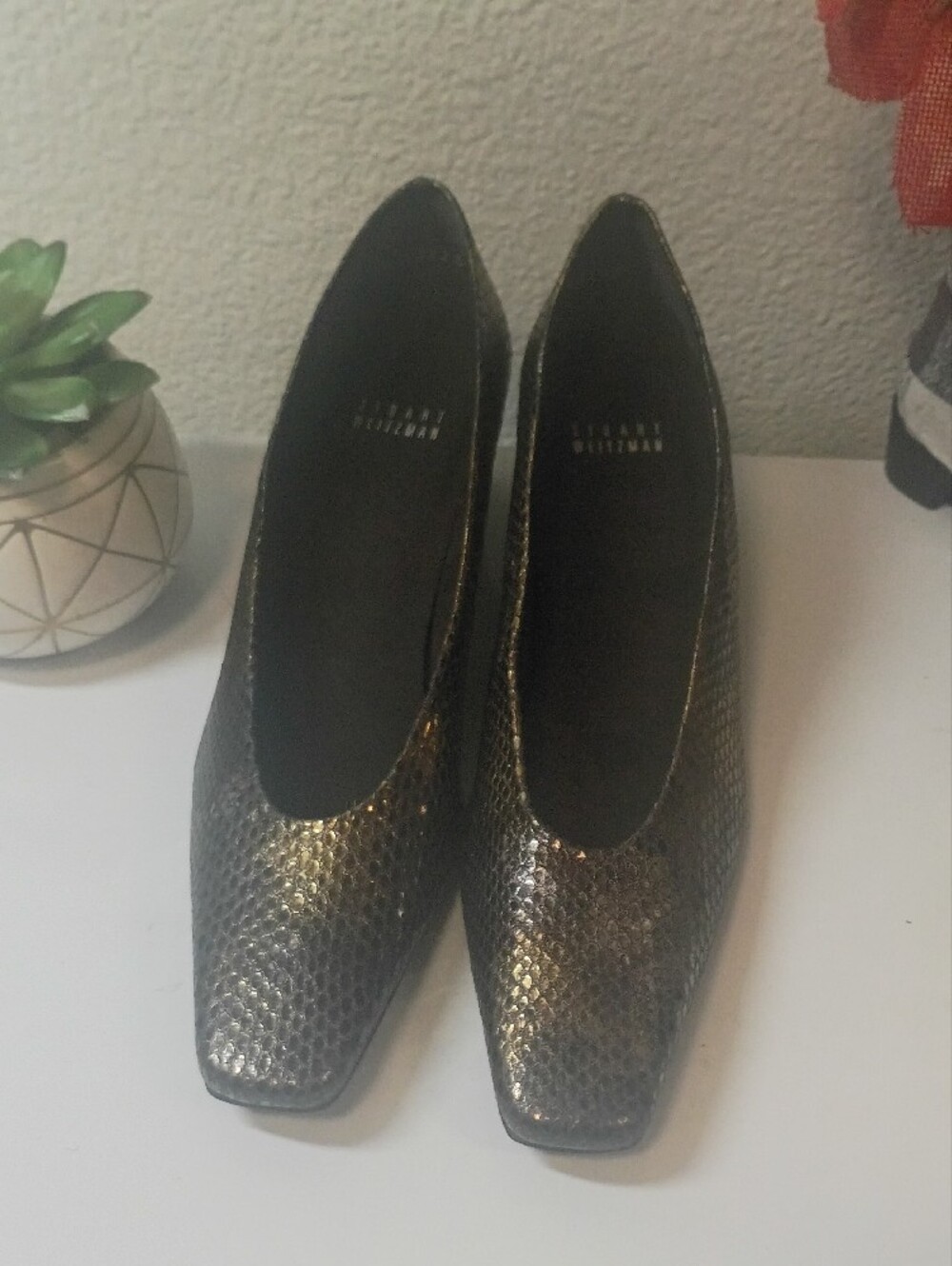 Stuart Weitzman Metallic Gold Snake-Embossed Pumps - Picture 4 of 12